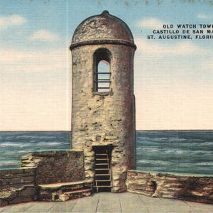 Vintage Early Linen Postcard Old Watch Tower Castillo De San Marcos St Augustine Florida 1930s