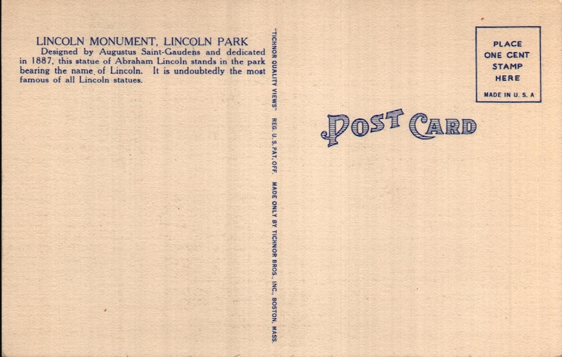 Vintage Linen Postcard Lincoln Monument Lincoln Park Chicago Illinois 1940s Blue Border