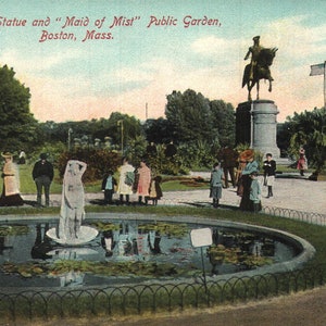 Carte postale vintage pré-lin Washington Statue et maid of Mist Public Gardens Boston Massachusetts années 1900