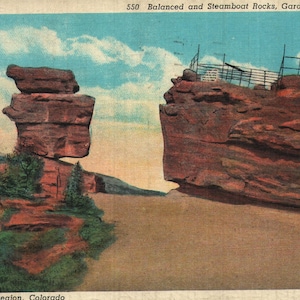 Vintage Early Linen Postcard Balanced and Steamboat Rocks Garden of the Gods Pikes Peak Region Colorado 1930s