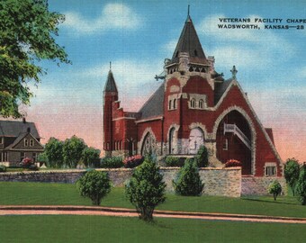 Vintage Early Linen Postcard Veterans Facility Chapel Wadsworth Kansas 1940s