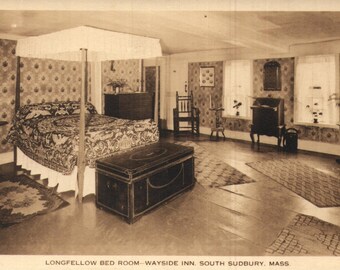 Vintage Real Photo Postcard Longfellow Bed Room Wayside Inn South Sudbury Massachusetts 1940s