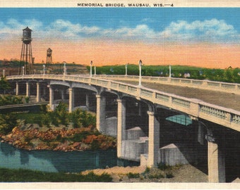 Vintage Early Linen Postcard Memorial Bridge Wausau Wisconsin 1930s