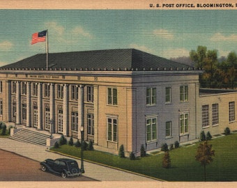 Vintage Linen Postcard US Post Office Bloomington Illinois 1934