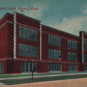 Cartão postal vintage pré-linho High School Wichita Kansas década de 1910