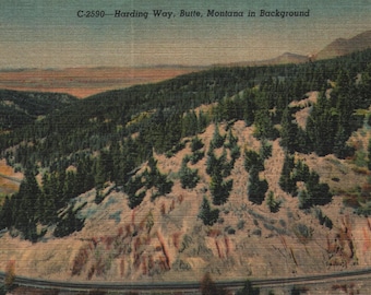 Vintage linnen ansichtkaart Harding Way Butte Montana op achtergrond 1945