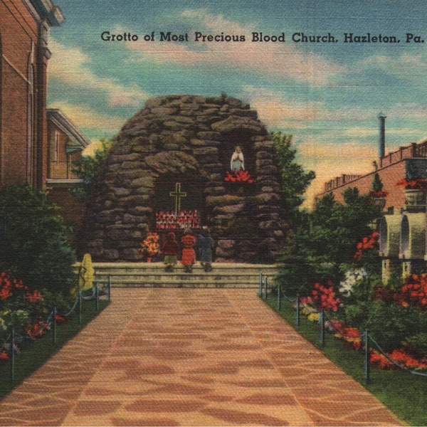 Vintage Linen Postcard Grotto of Most Precious Blood Church Hazelton Pennsylvania 1930s