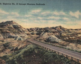 Vintage linnen ansichtkaart US Highway nr. 10 tot en met Montana Badlands, jaren 1940