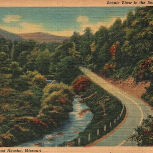Cartolina di lino d'epoca a sud di Joplin e Neosho Missouri 1937 Vista panoramica nella bellissima Ozarks