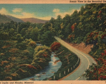 Vintage Linen Postcard South of Joplin and Neosho Missouri 1937 Scenic View in the Beautiful Ozarks