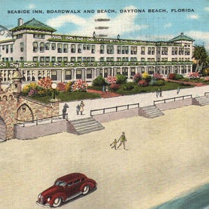 Cartão postal de linho antigo Seaside Inn Boardwalk and Beach Daytona Beach Flórida década de 1930