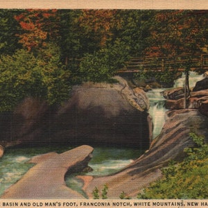 Cartolina in lino vintage The Basin and Old Man&#39;s Foot Franconia Notch White Mountains New Hampshire 1934