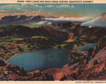 Vintage linnen ansichtkaart Twin Lakes en Rock Creek Canyon Beartooth Highway Montana 1936
