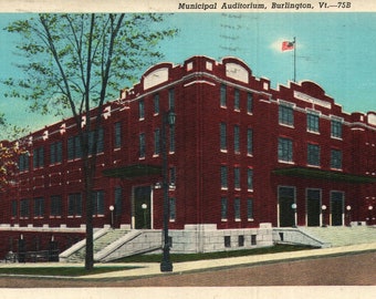 Vintage Early Linen Postcard Municipal Auditorium Burlington Vermont 1930s to 1940s