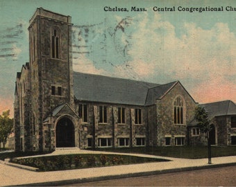 Vintage vykort från Central Congregational Church i Chelsea, Massachusetts, 1910-talet, pre-linne