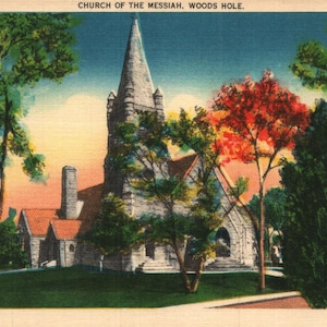 Vintage linnen ansichtkaart Church of the Messiah Woods Hole Massachusetts jaren 1940