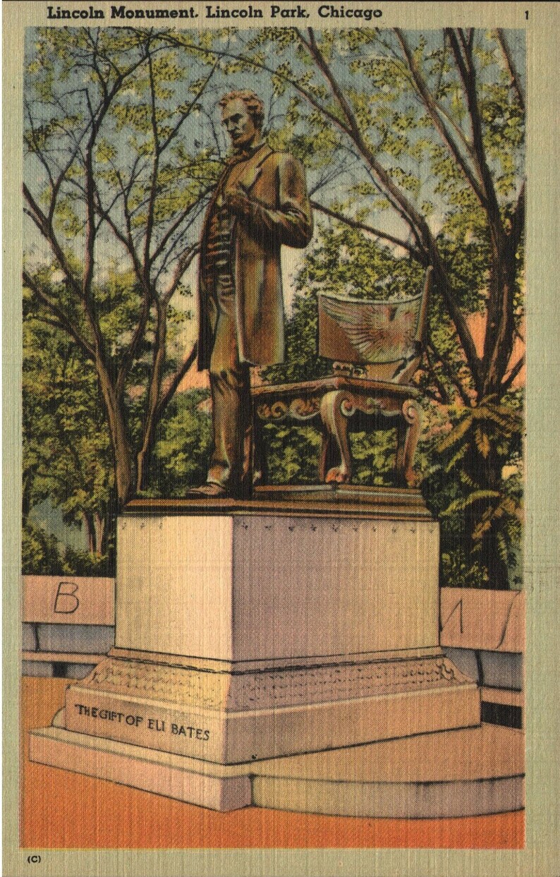 Vintage Linen Postcard Lincoln Monument Lincoln Park Chicago Illinois 1940s Blue Border