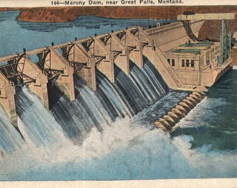 Vintage linnen ansichtkaart Marony Dam in de buurt van Great Falls Montana, jaren 1930