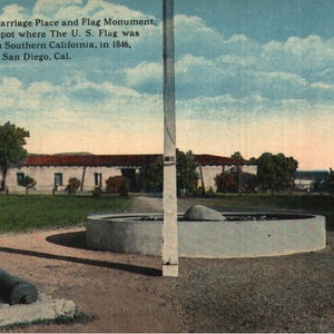 Jahrgang Pre-Leinen Postkarte Ramona Ehe Ort & Flagge Denkmal San Diego Kalifornien 1910er Jahre