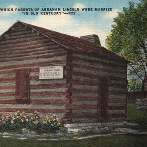 Cabana de cartão postal vintage de linho antigo, na qual os pais de Abraham Lincoln se casaram no antigo Kentucky, década de 1930
