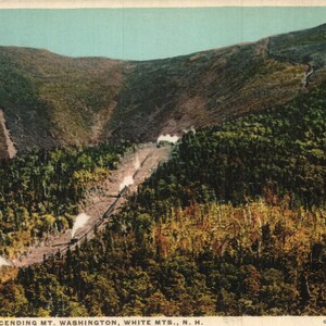 Trens de cartão postal vintage pré-linho subindo o Monte Washington White Mountains New Hampshire década de 1910