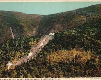 Trens de cartão postal vintage pré-linho subindo o Monte Washington White Mountains New Hampshire década de 1910