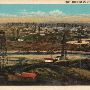 vintage Early Linen Postcard Midwest Oil Fields Wyoming 1929