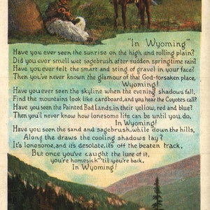 vintage Early Linen Postcard In Wyoming Where the Old West Lives Poem 1934