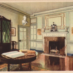Vintage lino postal La biblioteca en Mount Vernon Virginia 1934