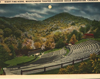 Vintage Linen Postcard Night-Time Scene Mountainside Theatre Cherokee Indian Reservation North Carolina 1940s