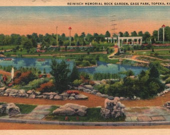 Vintage Linen Postcard Reinisch Memorial Rock Garden Gage Park Topeka Kansas 1933