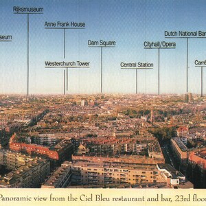 Ampia vista panoramica da cartolina cromata di grande formato dal ristorante e bar Ciel Bleu, 23 ° piano, Amsterdam Paesi Bassi Hotel Okura