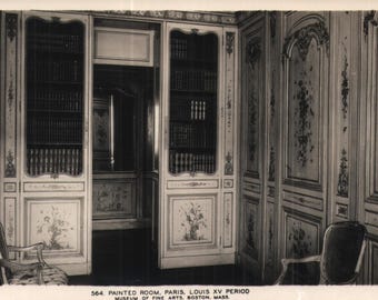 Postal vintage con foto real de una habitación pintada, París, época Luis XV, Museo de Bellas Artes, Boston, Massachusetts, década de 1930