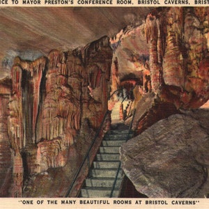 entrée vintage de carte postale en lin à la salle de conférence du maire Preston Bristol Caverns Tennessee Virginia années 1940