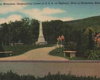 Vintage Linen Postcard Ogden Monument Geographical Center of USA on Highway West of Manhattan Kansas 1944 Fort Riley