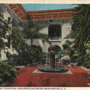 Patio da cartolina di lino vintage e fontana azteca Unione panamericana Washington DC 1930