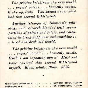 Postal vintage cromada con anuncio de cóctel Whirlwind de la cafetería Johnston's, Daytona Beach, Florida, década de 1950