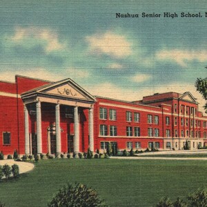 Cartão postal de linho vintage Nashua Senior High School New Hampshire década de 1940