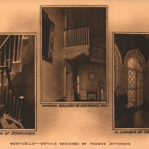 Vintage Postcard Monticello - Details Designed by Thomas Jefferson Charlottesville Virginia 1928 Staircases Balcony Corner of North Porch