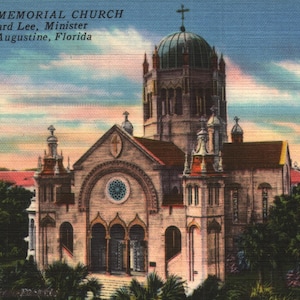 Cartão postal de linho vintage Flagler Memorial Church Howard Lee, Ministro Santo Agostinho Flórida década de 1950