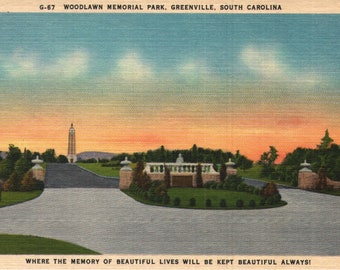 Vintage Linen Postcard Woodlawn Memorial Park Cemetery Greenville South Carolina 1930s