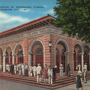 Vintage carte postale en lin extérieur Bureau de poste de Saint-Pétersbourg, Floride des années 40, The Sunshine State