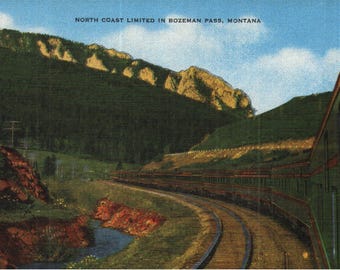 Vintage vroege linnen ansichtkaart North Coast Limited in Bozeman Pass Montana, trein jaren '30 - '40