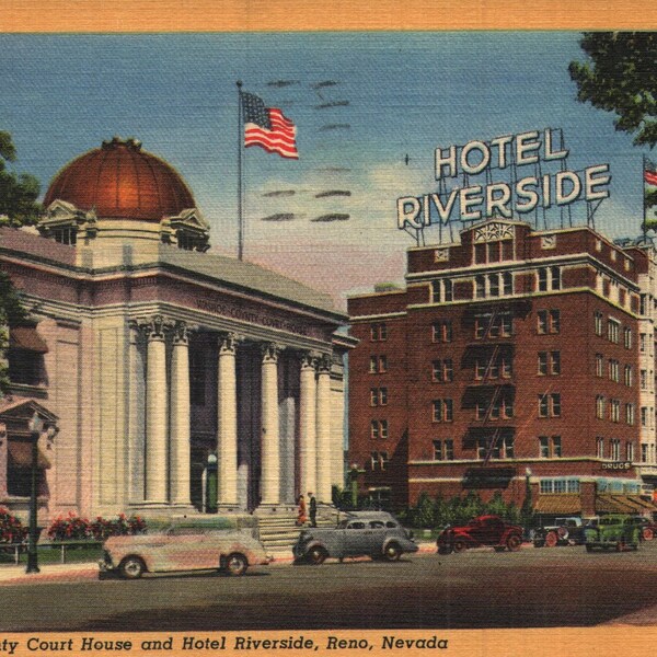 Vintage Linen Postcard Washoe County Court House and Hotel Riverside Reno Nevada 1942