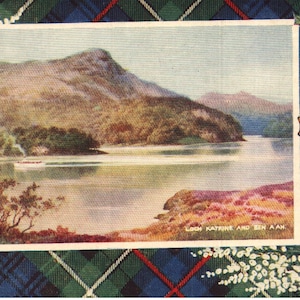 Carte postale vintage Loch Katrine et Ben A'an MacKenzie Tartan Ecosse Royaume-Uni années 40 - 50