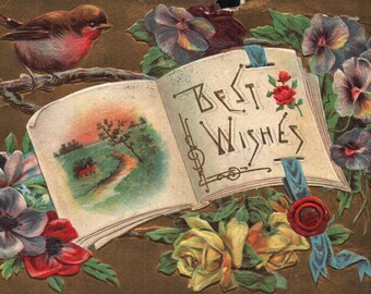 Carte postale vintage en pré lin Meilleurs voeux en relief des années 1910, oiseaux, fleurs