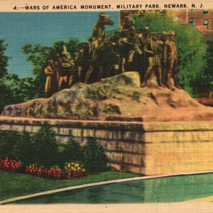 Vintage Linen Postcard Wars of America Monument Military Park Newark New Jersey 1940s