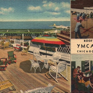 Vintage biancheria da cartolina tetto giardino YMCA Hotel Chicago Illinois 1941 Deckle Edge