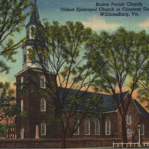 Vintage lino postal Bruton Iglesia Parroquial Iglesia Episcopal Más antigua en uso constante en América Williamsburg Virginia 1940