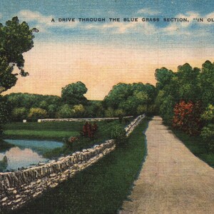 Vintage vroege linnen ansichtkaart Een rit door de Blue Grass-sectie in het oude Kentucky, jaren dertig
